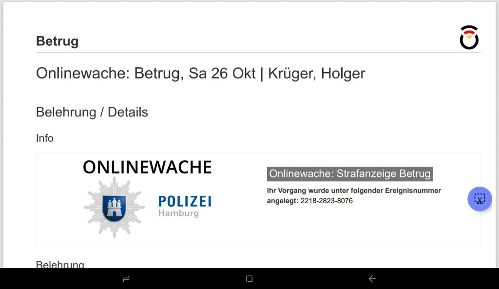 FOLGEN ^ UNBEARBEITE Strafanzeige bei der Polizei Hamburg Holger Celine Frank Franz Die Heimat!